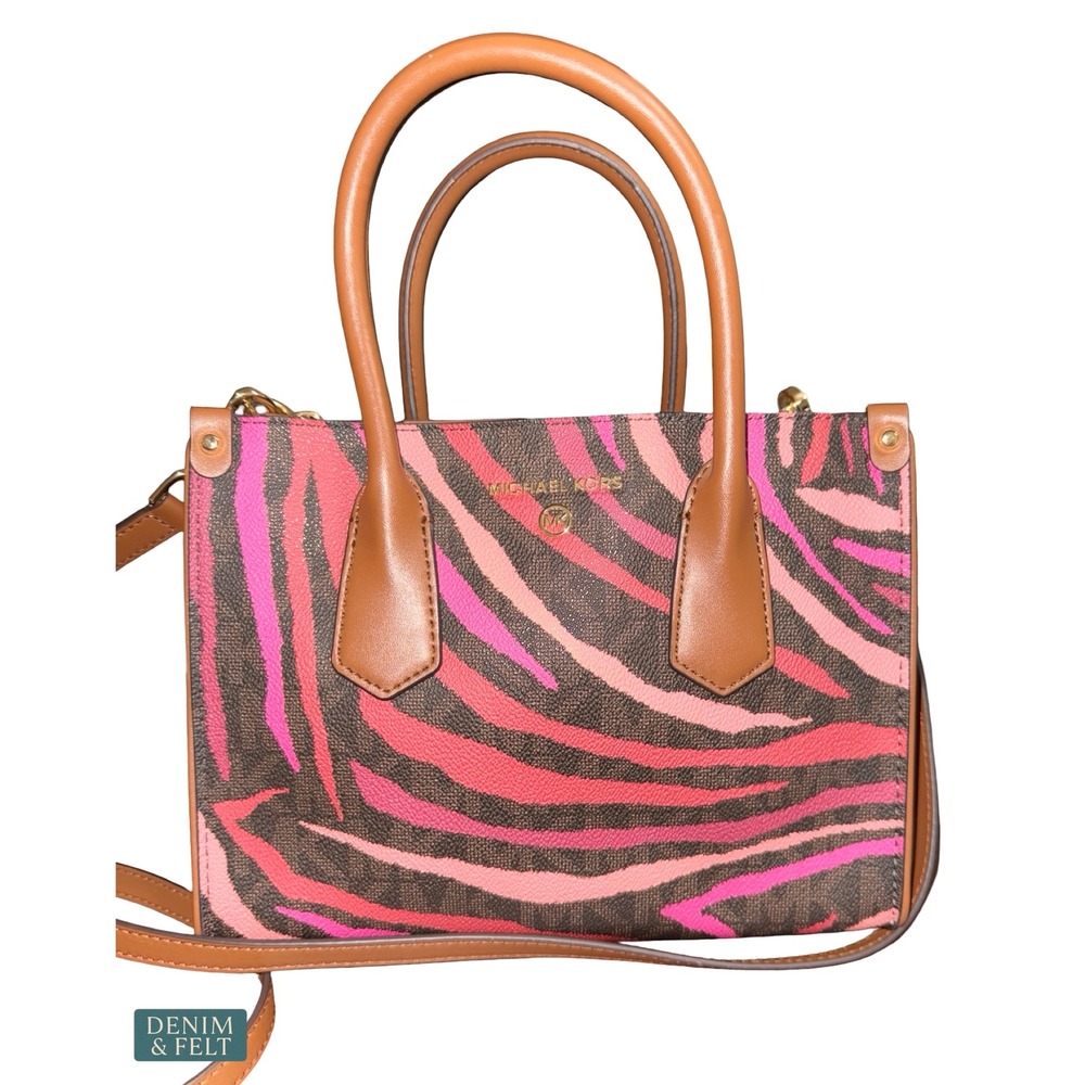 Michael Kors Maple Small Satchel Zebra Print Brown Multi Crossbody Bag Pink - Picture 2 of 15